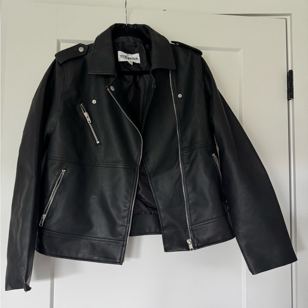 Steve Madden Black Faux Leather Jacket Outerwear Silver Hardware Size M